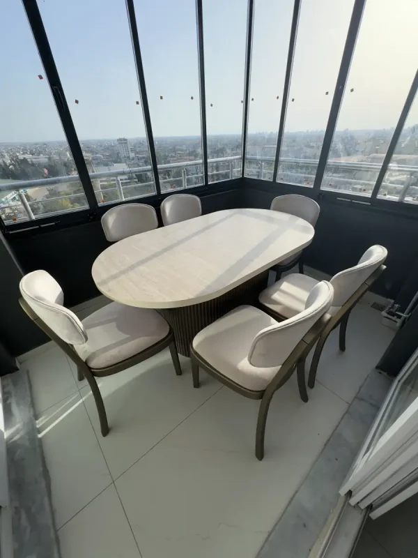 PTT ayaklı traverten desenli elips masa ve Londra sandalye takımı 90x180 cm