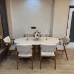 PTT ayaklı traverten desenli elips masa ve Z sandalye takımı 90x180 cm