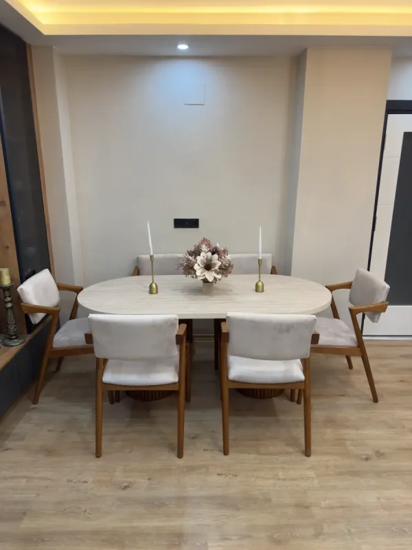 PTT ayaklı traverten desenli elips masa ve Z sandalye takımı 90x180 cm