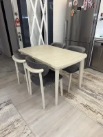 Traverten desenli açılır rüya masa ve teddy sandalye takımı 80x130 cm