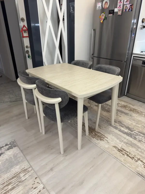 Traverten desenli açılır rüya masa ve teddy sandalye takımı 80x130 cm